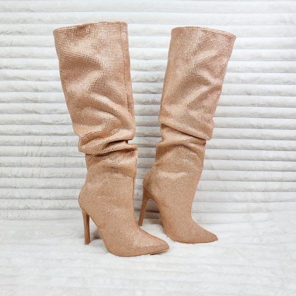 Radiant Beige Rhinestone High Heel Slouch Knee High Boots - Picture 8 of 9